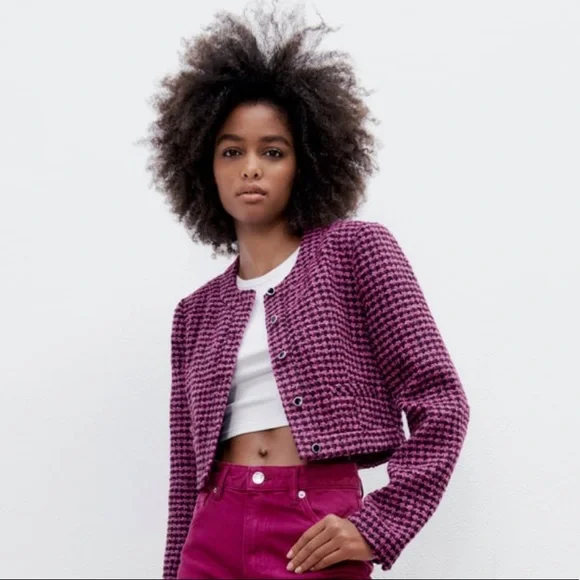NWT Zara cropped tweed jacket |Zara houndstooth printed jacket Zara twee… - Picture 4 of 9